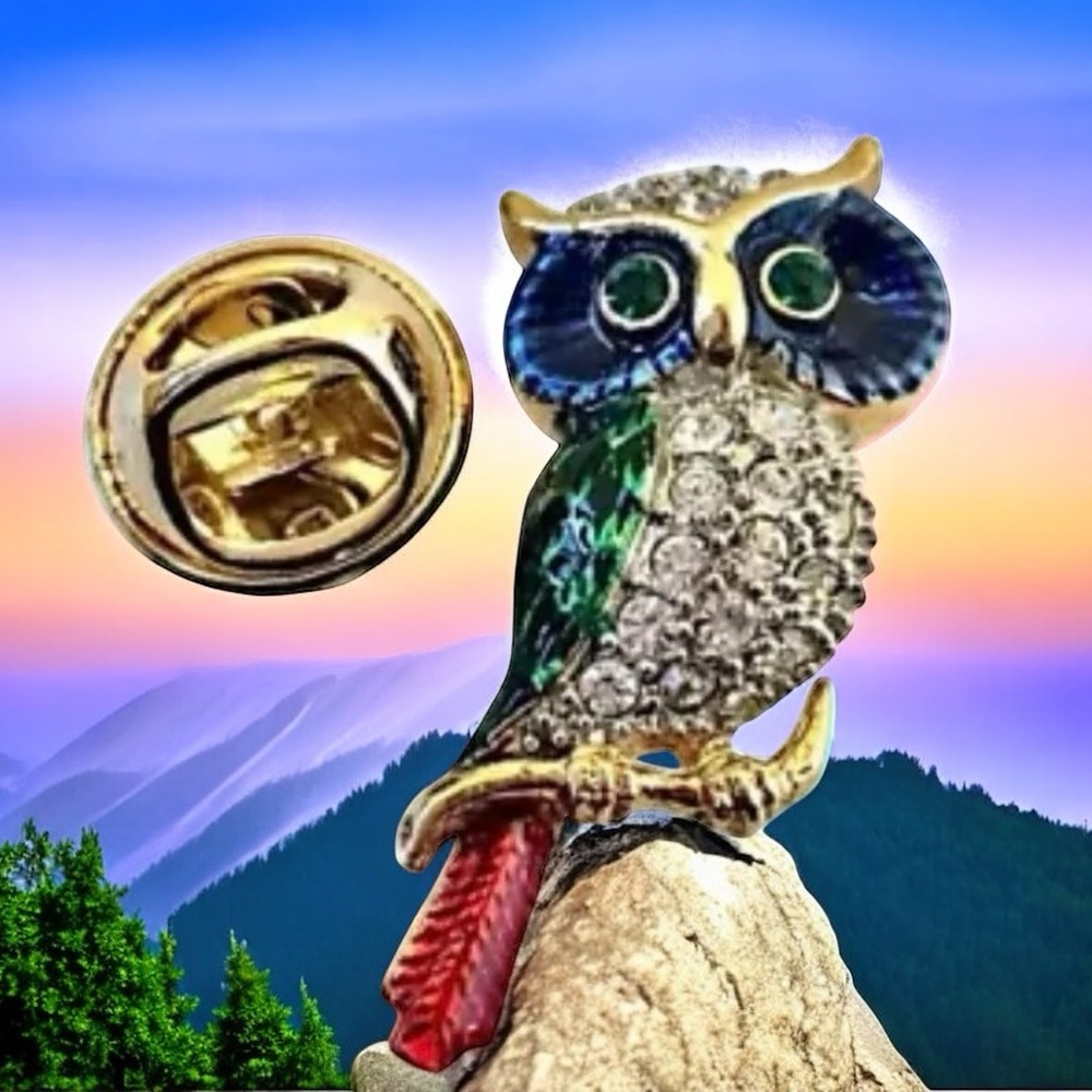 Owl on Branch Push Pin Brooch Goldtone Rhinestones Enamel Colorful